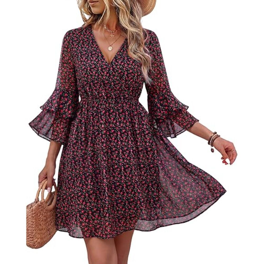 Women's Black Red V Neck A Line 3/4 Ruffle Sleeve A Line Mini Dress